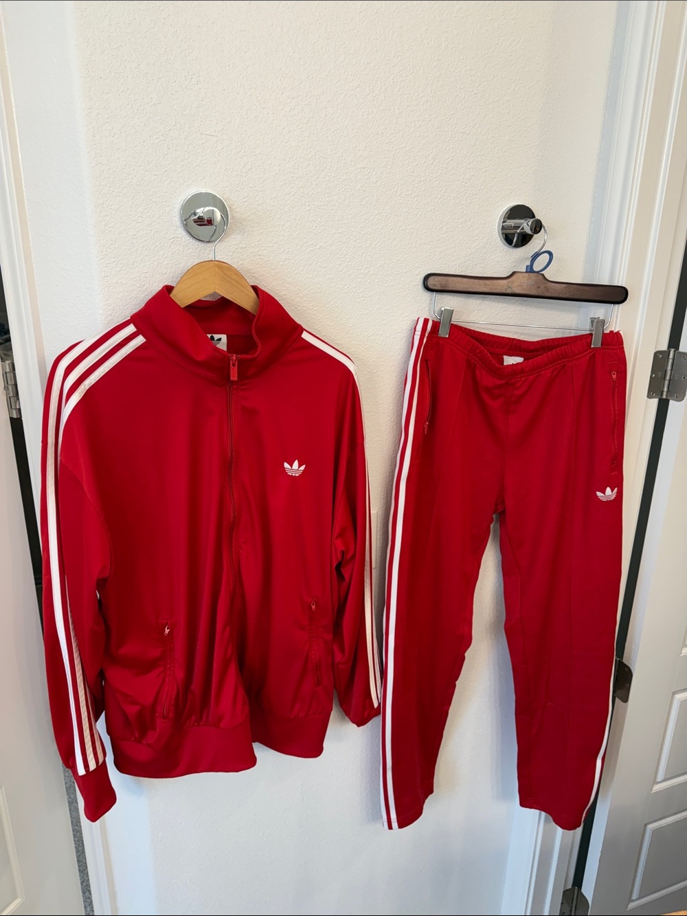 adidas Red Track Jacket and Pants Set with White Stripes